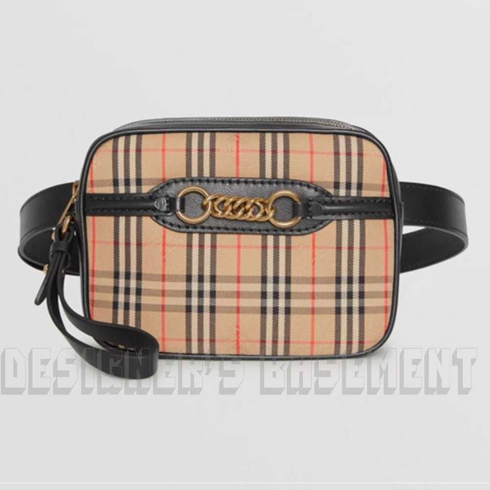 BURBERRY black leather LINK 1983 beige canvas Equestrian Knight Check Belt Bag - Picture 5 of 12